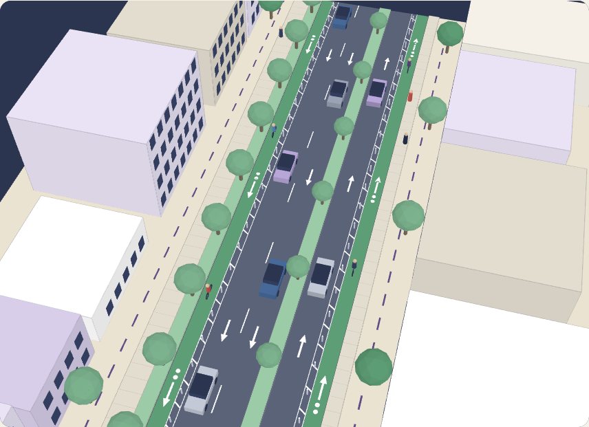 A 3D street with protected bike lanes, a planted median, narrow travel lanes and street trees